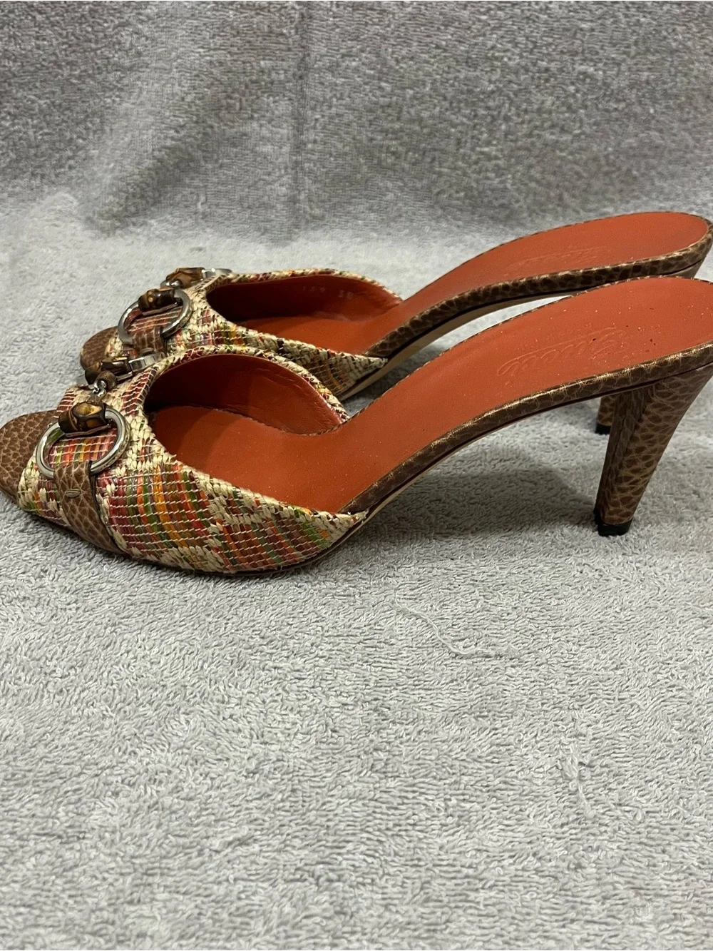 Gucci Multicolor Raffia Bamboo Horsebit Mules size 38 - Picture 5 of 11